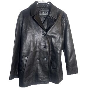 IZZI Genuine Leather Peacoat Jacket Women's L Black Double Breasted Classic Coat